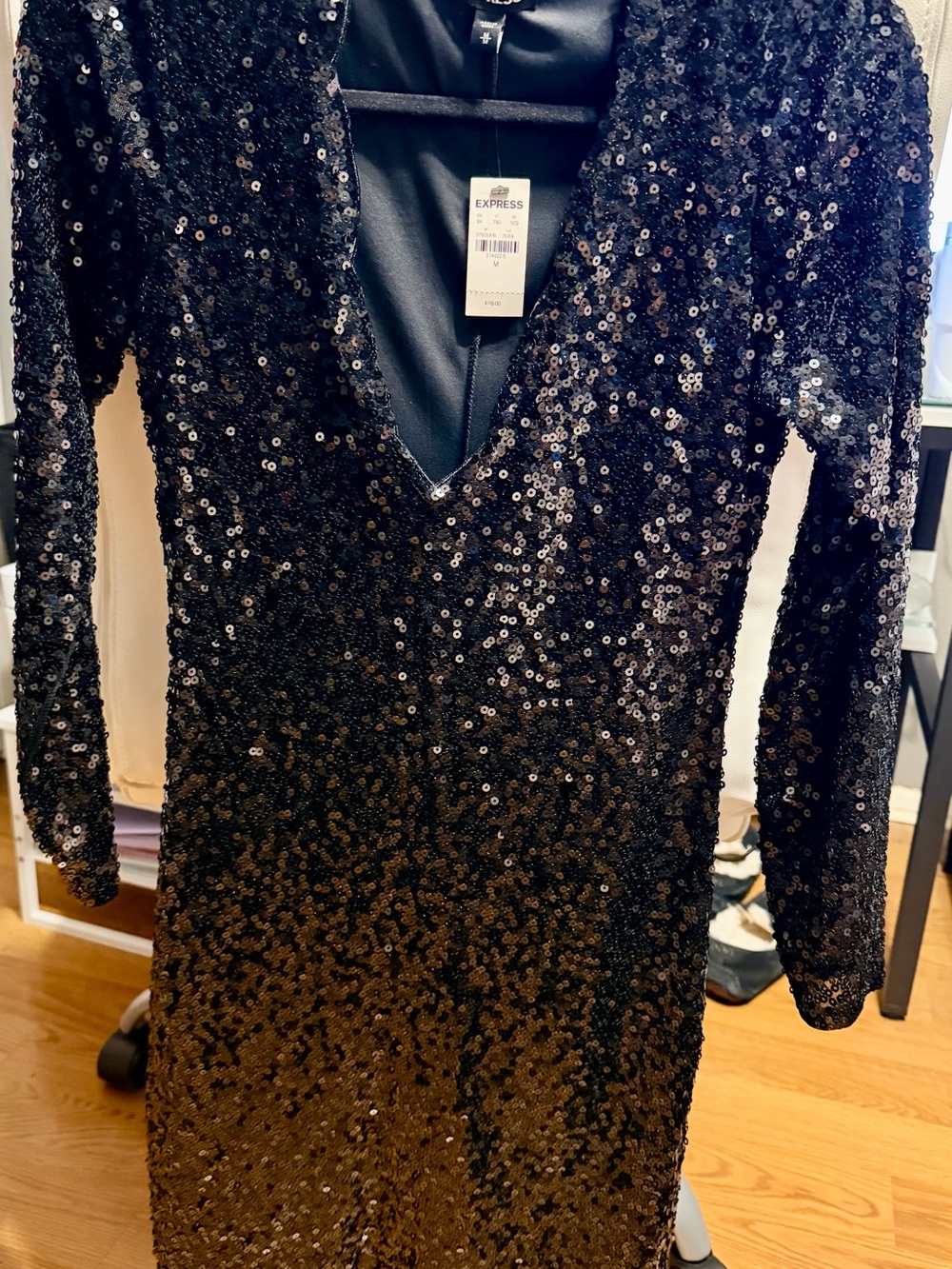 Express Black Sequin Deep V Long Sleeve Party Dress